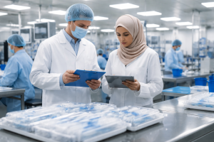 Medical quality inspectors reviewing packaged medical devices in a clean laboratory production facility.