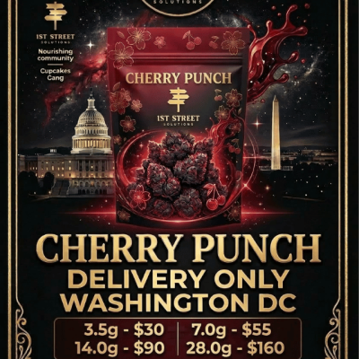 Close up of premium Cherry Punch Indica-Dominant Hybrid cannabis buds available for DC weed delivery by 1st Street.