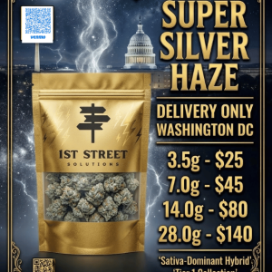 Close-up of sticky Super Silver Haze Sativa-Dominant Hybrid buds ready for DC weed delivery by 1st Street.