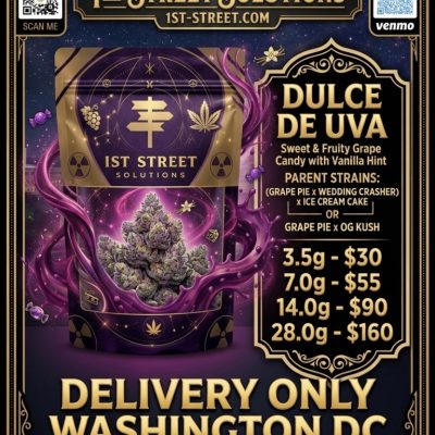 1st Street Solutions premium mylar bag featuring cosmic purple energy swirls, dense frosty Dulce De Uva buds, and floating grape and vanilla bean icons over a nighttime Washington D.C. Capitol backdrop, representing the finest DC weed delivery.