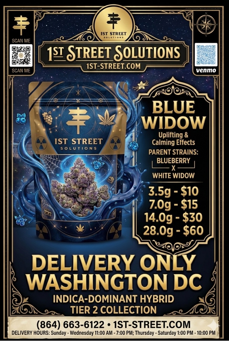 Promo Flyer for 50/50 Hybrid Blue Widow Strain