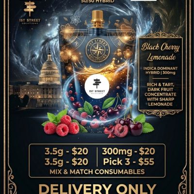 A sleek beverage pouch filled with glowing, amber-dark Black Cherry Lemonade liquid, surrounded by fresh black cherries and raspberries against a cosmic Washington D.C. backdrop, available via premier DC weed delivery.