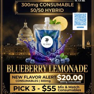 A sleek beverage pouch filled with vibrant blue liquid, splashing dynamically among fresh blueberries and a lemon wheel, set against a midnight Washington D.C. Capitol backdrop for premium DC Weed Delivery.