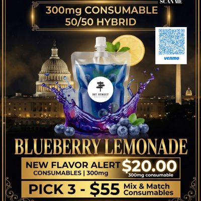 A sleek beverage pouch filled with vibrant blue liquid, splashing dynamically among fresh blueberries and a lemon wheel, set against a midnight Washington D.C. Capitol backdrop for premium DC Weed Delivery.