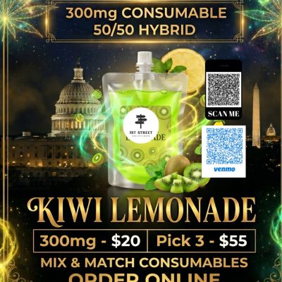A sleek 300mg Kiwi Lemonade pouch for DC Weed Delivery, featuring vibrant green liquid, fresh kiwi, and lemon slices against a midnight D.C. Capitol backdrop.