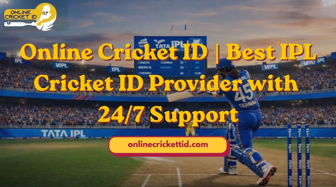 Online Cricket ID banner showing IPL stadium match scene with batsman playing shot, promoting best IPL ID provider with 24/7 support and secure services.