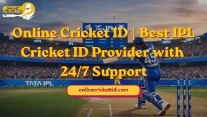 Online Cricket ID banner showing IPL stadium match scene with batsman playing shot, promoting best IPL ID provider with 24/7 support and secure services.