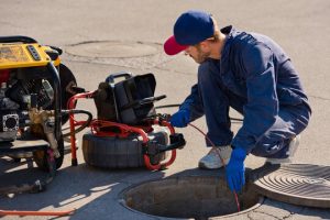 Technician performing sewer repair process using trenchless pipe lining and inspection camera