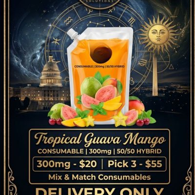 A sleek beverage pouch filled with vibrant, sun-orange liquid, surrounded by fresh pink guava, mango slices, and mint, set against a midnight Washington D.C. Capitol backdrop with gold astrological accents for premium DC weed delivery.