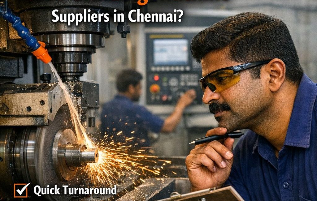 CNC grinding machine in operation with sparks flying, while a technician inspects the process in a Chennai workshop