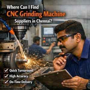 CNC grinding machine in operation with sparks flying, while a technician inspects the process in a Chennai workshop