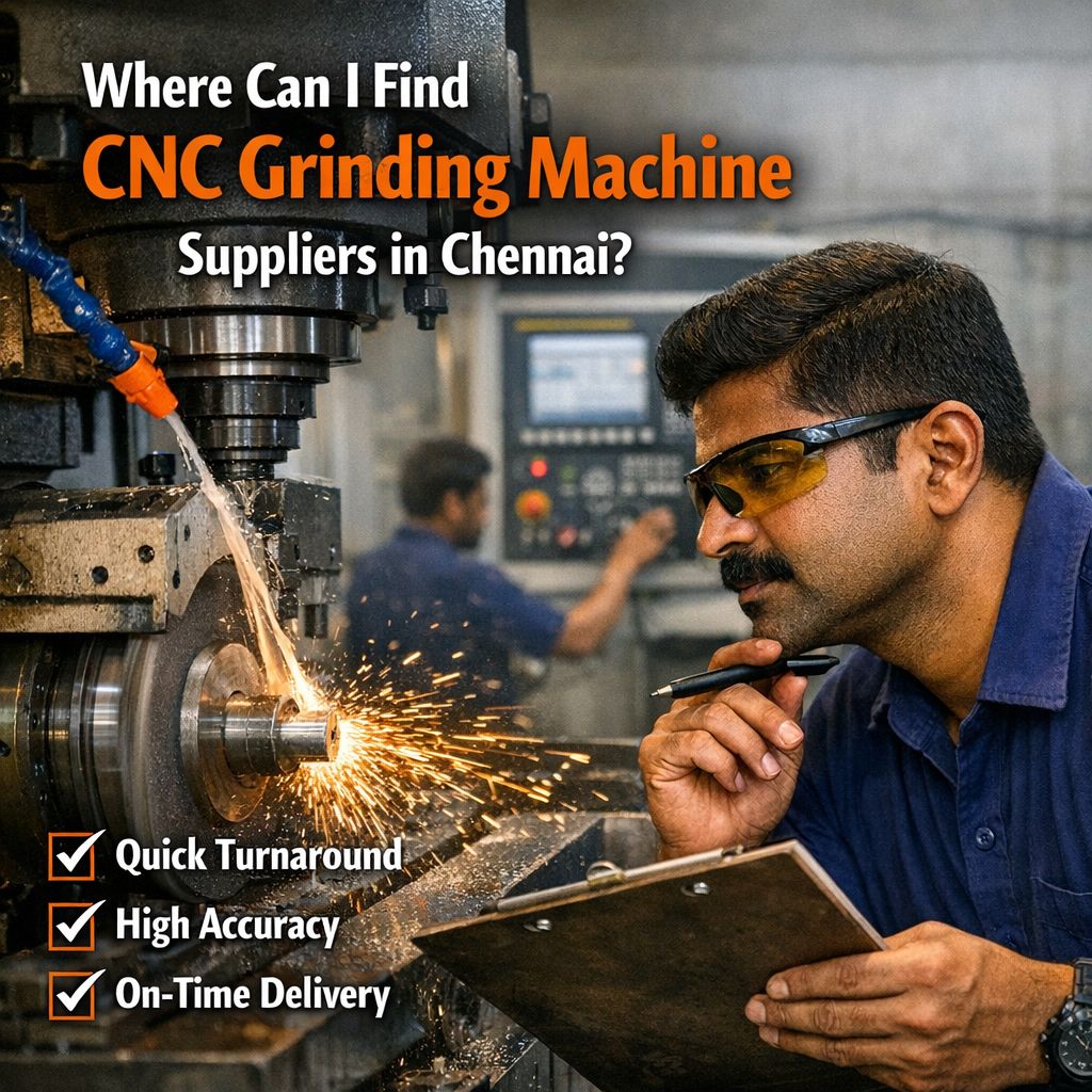 CNC grinding machine in operation with sparks flying, while a technician inspects the process in a Chennai workshop