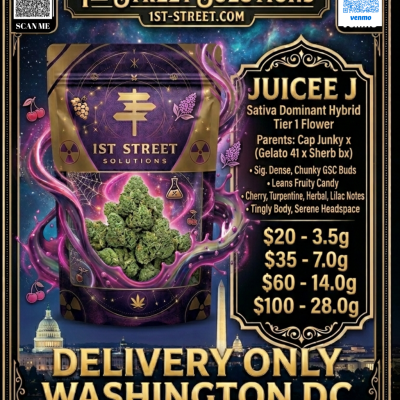 1st Street Solutions premium mylar bag of Juicee J with cosmic energy swirls, floating cherry and lilac icons, and dense grass-green buds, representing the finest DC Weed Delivery against a nighttime Washington D.C. Capitol backdrop.