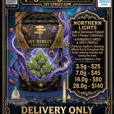 Close up of Northern Lights premium indica flower, showcasing dense resinous buds available for luxury DC weed delivery by 1st Street Solutions.