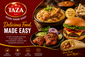 TAZA Food Made Easy promotional banner featuring delicious biryani, burgers, shawarma, and grilled chicken served with fresh ingredients in a vibrant red and gold themed restaurant advertisement