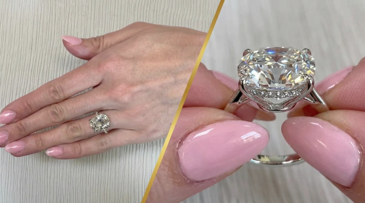 Close-up view of a cushion cut lab diamond ring featuring a hidden halo setting, shown on a hand and from the side profile in white metal.