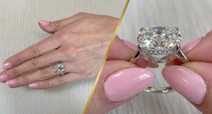 Close-up view of a cushion cut lab diamond ring featuring a hidden halo setting, shown on a hand and from the side profile in white metal.