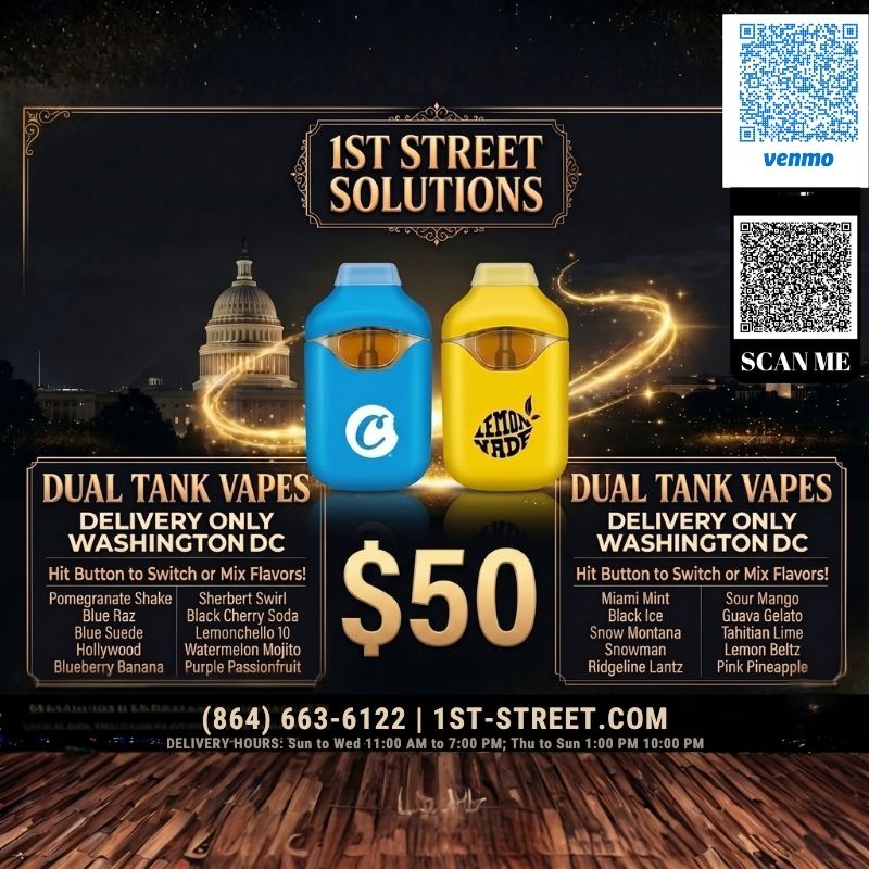 Cookies and Lemonnade 2.0G Dual Tank Vapes in blue and yellow hardware 1st Street Solutions DC Weed Delivery