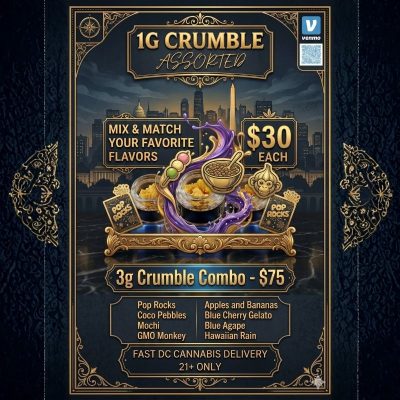 Three 1G jars of golden crumble concentrate on black marble 1st Street Solutions DC Weed Delivery