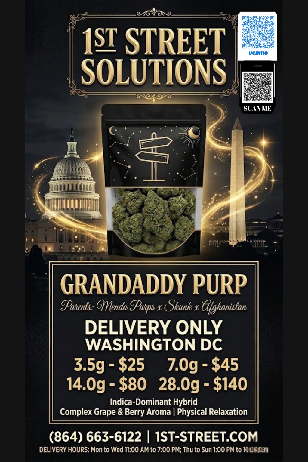 Grandaddy Purp cannabis buds in 1st Street Solutions mylar bag DC Weed Delivery