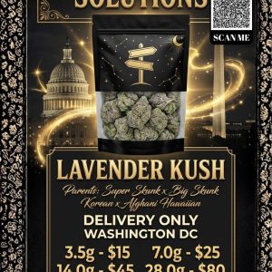 Lavender Kush cannabis buds with purple undertones in 1st Street Solutions mylar bag DC Weed Delivery