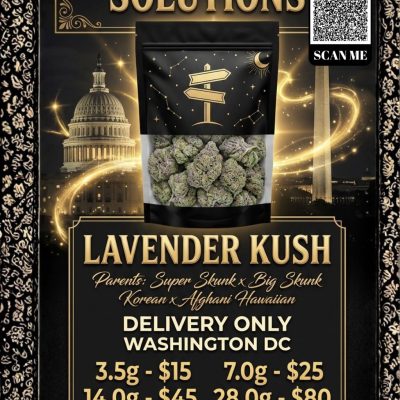 Lavender Kush cannabis buds with purple undertones in 1st Street Solutions mylar bag DC Weed Delivery