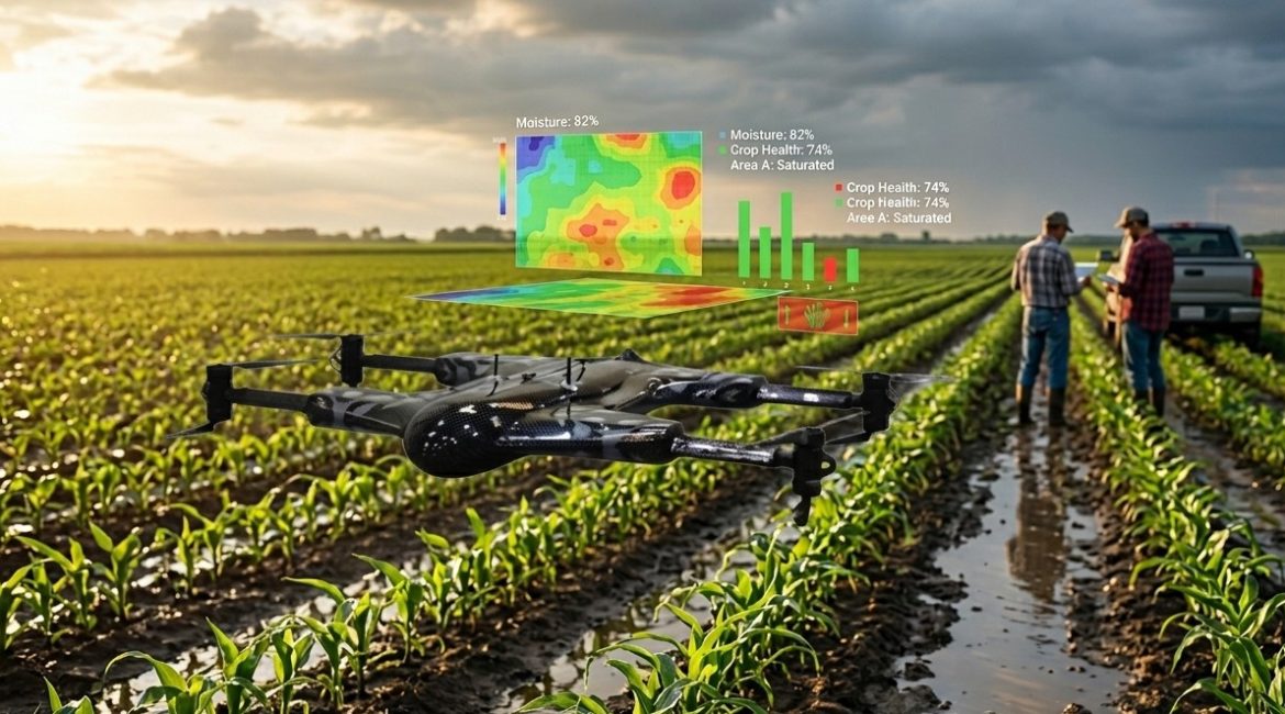 An agricultural drone monitoring a flooded crop field with digital data overlays while farmers check tablets in the background during golden hour.