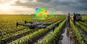 An agricultural drone monitoring a flooded crop field with digital data overlays while farmers check tablets in the background during golden hour.