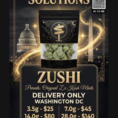 Zushi cannabis buds bred by Ten Co in 1st Street Solutions mylar bag DC Weed Delivery