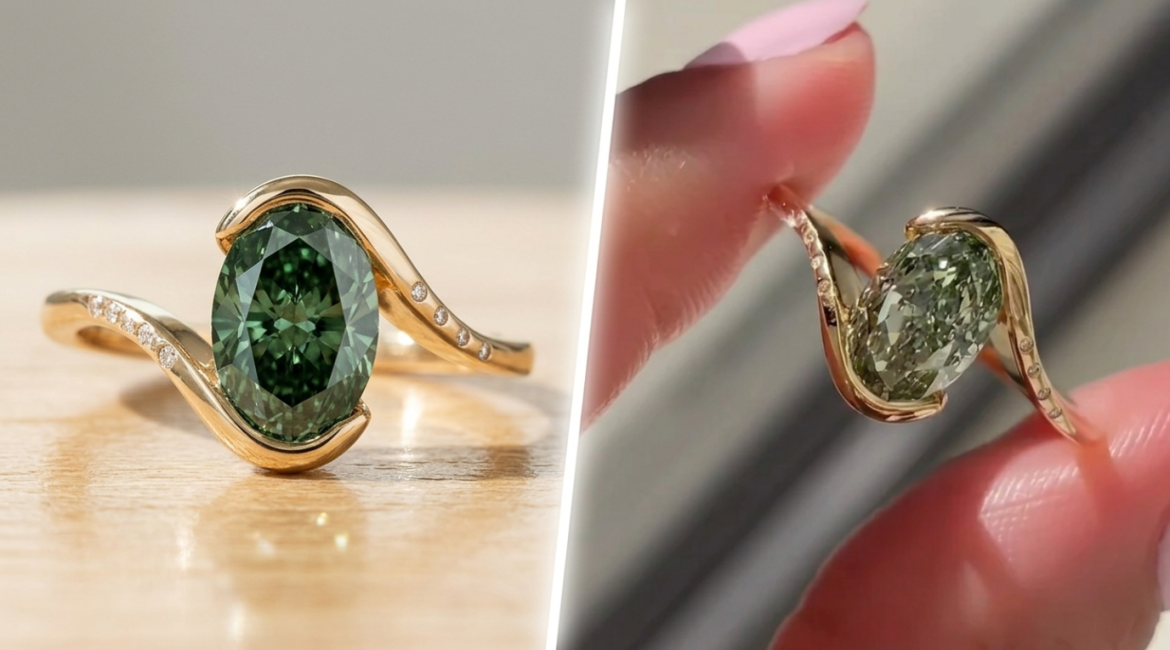 Oval green lab-grown diamond ring set in yellow gold with a flowing bypass band and accent diamonds, shown from front and side views.
