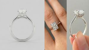 Radiant cut diamond solitaire engagement ring featuring a hidden halo and four-prong setting on a polished white gold band.