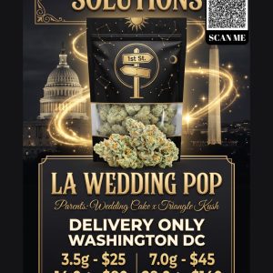 LA Wedding Pop sativa cannabis buds heavily frosted in 1st St. mylar bag DC Weed Delivery