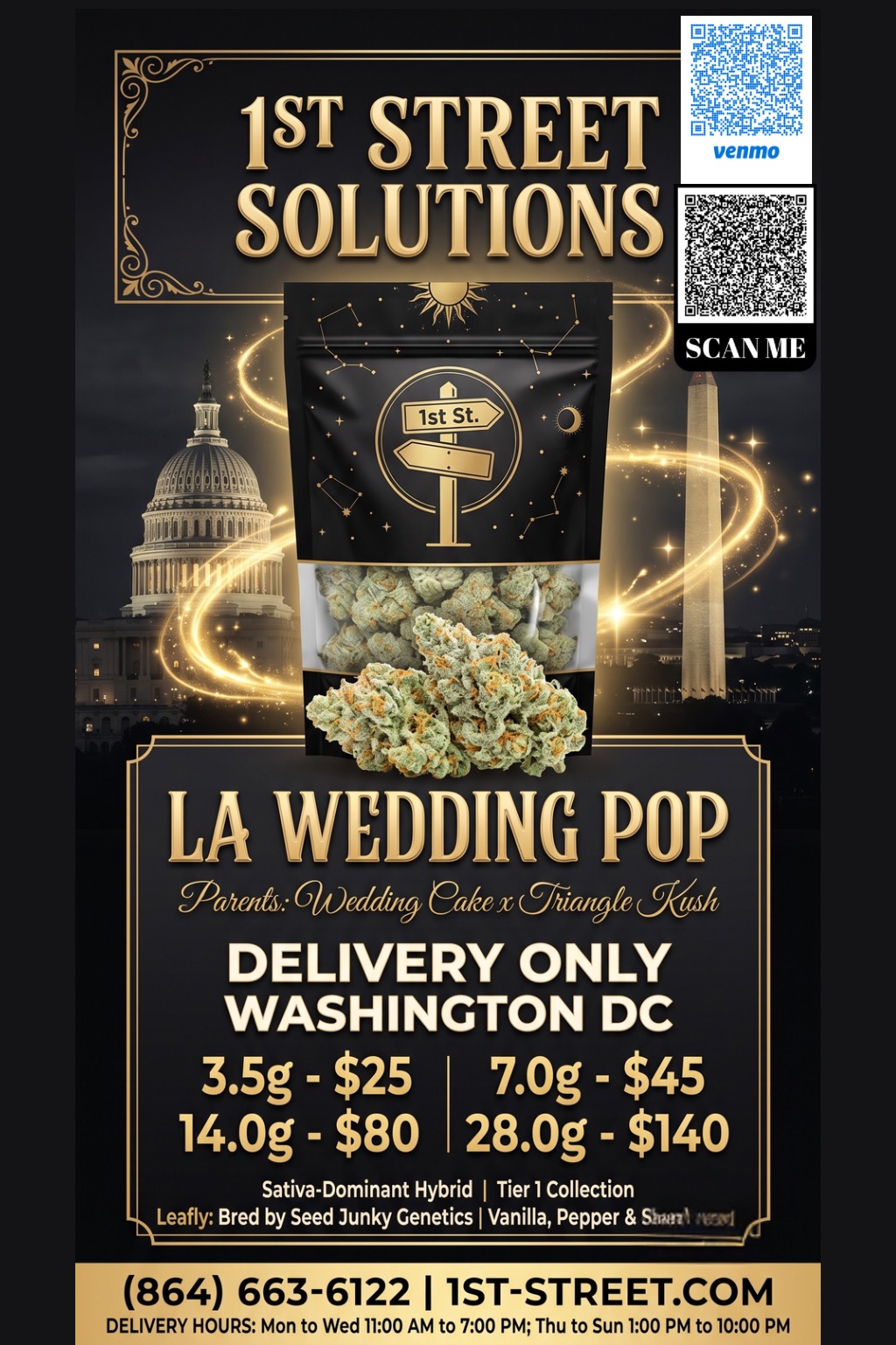 LA Wedding Pop sativa cannabis buds heavily frosted in 1st St. mylar bag DC Weed Delivery