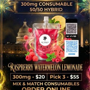 A 300mg Raspberry Watermelon Lemonade cannabis drink pouch with raspberries, watermelon slices, lemons, and mint garnishes by 1st Street Solutions for discrete DC weed delivery.