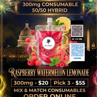 A 300mg Raspberry Watermelon Lemonade cannabis drink pouch with raspberries, watermelon slices, lemons, and mint garnishes by 1st Street Solutions for discrete DC weed delivery.