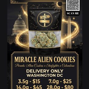 Miracle Alien Cookies hybrid cannabis buds heavily frosted in 1st St. mylar bag DC Weed Delivery
