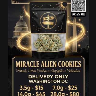 Miracle Alien Cookies hybrid cannabis buds heavily frosted in 1st St. mylar bag DC Weed Delivery