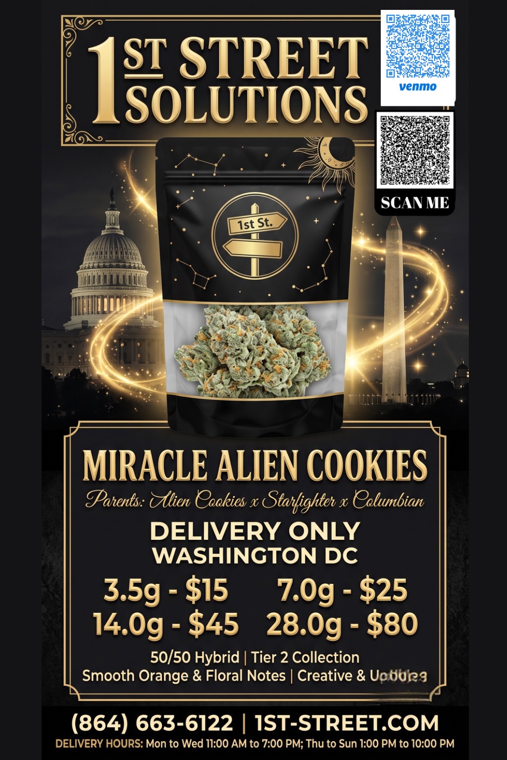 Miracle Alien Cookies hybrid cannabis buds heavily frosted in 1st St. mylar bag DC Weed Delivery