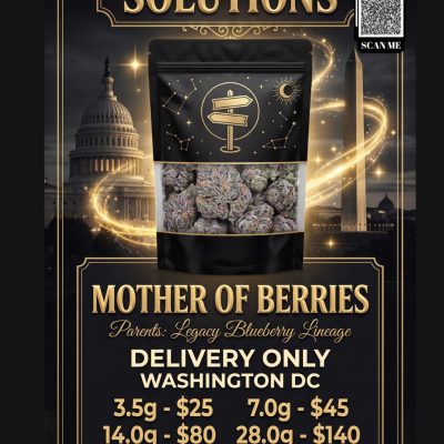 Mother of Berries indica cannabis buds in 1st Street Solutions mylar bag DC Weed Delivery