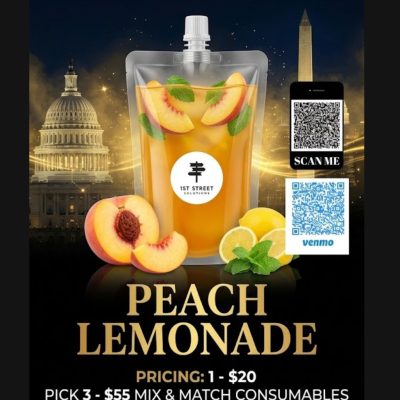 A 300mg Peach Lemonade cannabis drink pouch with fresh peach slices, whole peaches, lemons, and mint garnishes by 1st Street Solutions for discrete DC weed delivery.