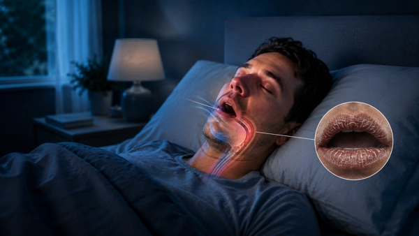 Primer plano moderado de una persona durmiendo, sin exagerar la apertura de la boca