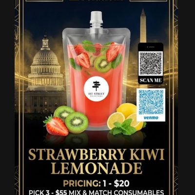 A 300mg Strawberry Kiwi Lemonade cannabis drink pouch with strawberries, kiwi slices, lemons, and mint garnishes by 1st Street Solutions for discrete DC weed delivery.