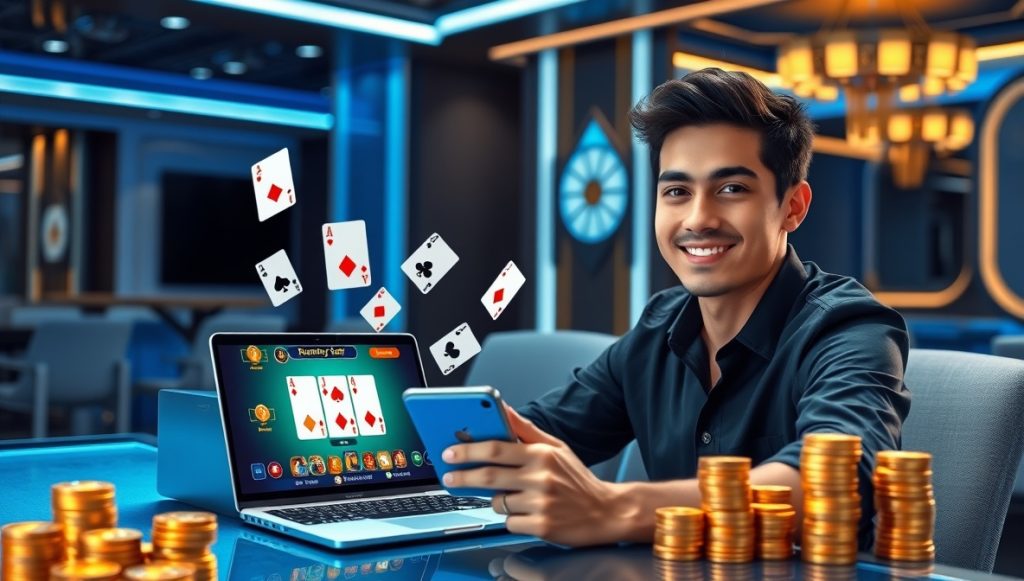 A young player enjoying Rummy Joy on a smartphone and laptop with colorful playing cards floating around, illustrating the complete guide to playing and winning online with Joy Rummy and Joy Rummy Yono.
