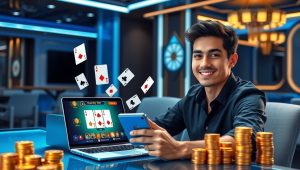 A young player enjoying Rummy Joy on a smartphone and laptop with colorful playing cards floating around, illustrating the complete guide to playing and winning online with Joy Rummy and Joy Rummy Yono.