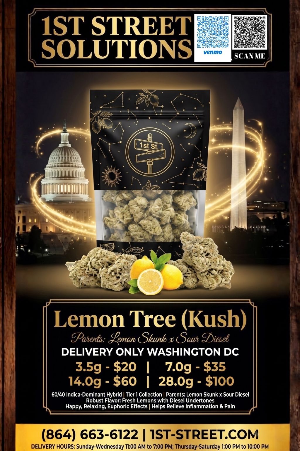 Premium Lemon Tree Kush Tier 1 flower jar ready for DC weed delivery by 1st Street Solutions.