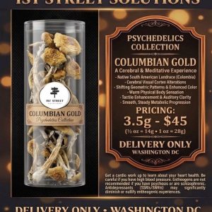 Columbian Gold psilocybin mushrooms in a bag from 1st Street Solutions, offering dependable DC weed delivery in Washington DC.