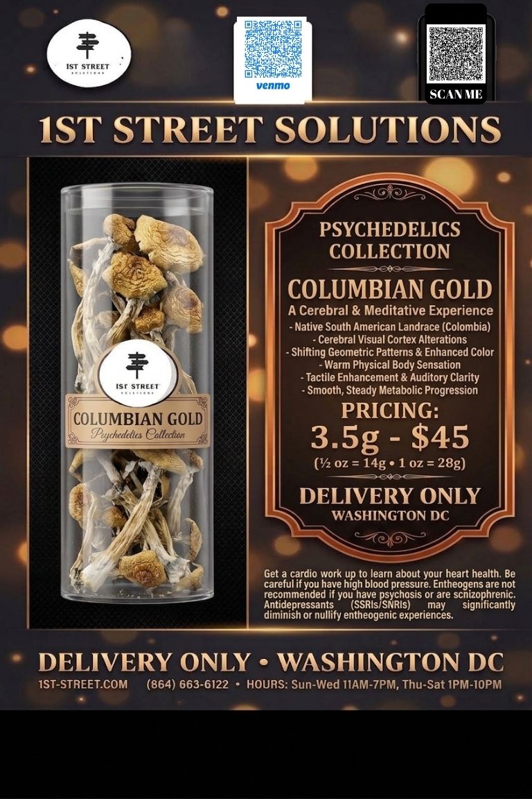 Columbian Gold psilocybin mushrooms in a bag from 1st Street Solutions, offering dependable DC weed delivery in Washington DC.