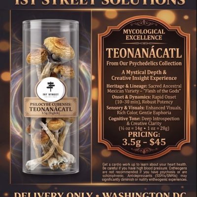 Bag of Teonanácatl Psilocybe cubensis magic mushrooms 3.5g for 45 dollars by 1st Street Solutions offering premium DC weed delivery and psychedelics in Washington DC.