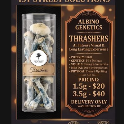Bag of Thrashers Albino mushrooms showing potent blue bruising, featured on a 1st Street Solutions promotional flyer for premium DC weed delivery and psychedelics.