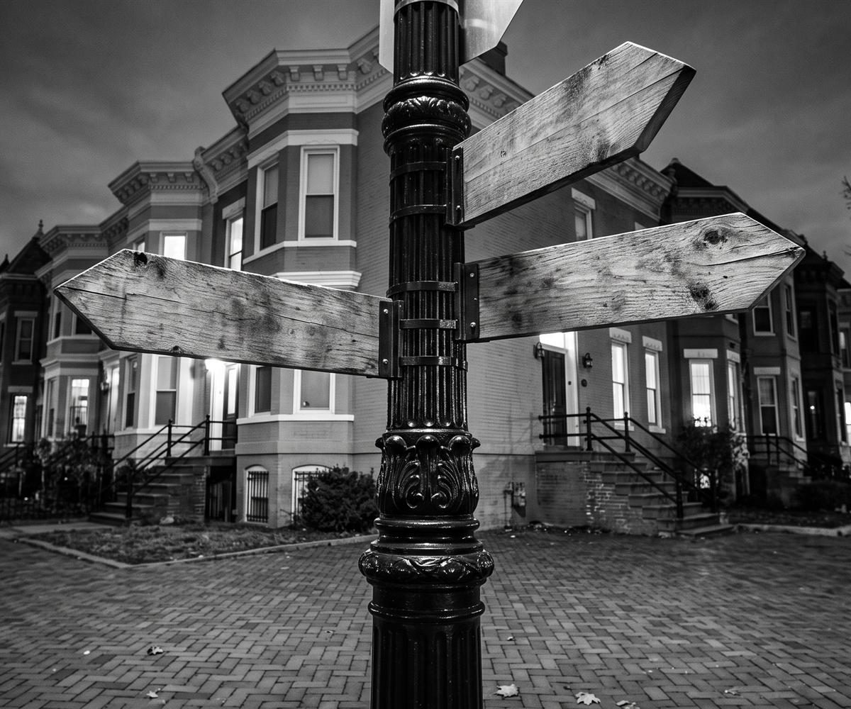 A signpost with three blank arrow signs on a DC row-house street